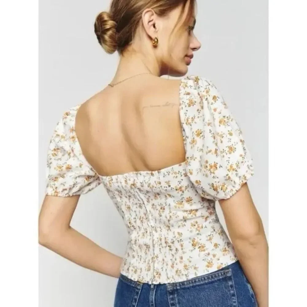 Reformation Andra Linen Top in Adagio Floral.Puff Sleeves. Zipper Closure.Sz 4